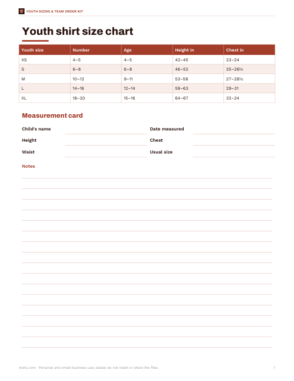 Preview of Printable Youth Shirt Size Chart